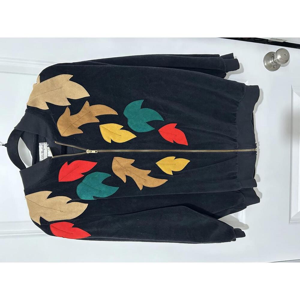 Vintage Ella Manfredi Black‎ Zip-Up with Colorful Leaf suede velour cottage